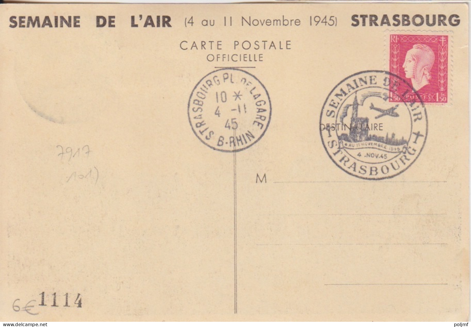 CP (Semaine De L'Air) Obl. GF Strasbourg Le 4 Nov 45 Sur 1f50 Dulac Rose N° 691 + Vignette Semaine De L'Air - 1944-45 Marianne (Dulac)