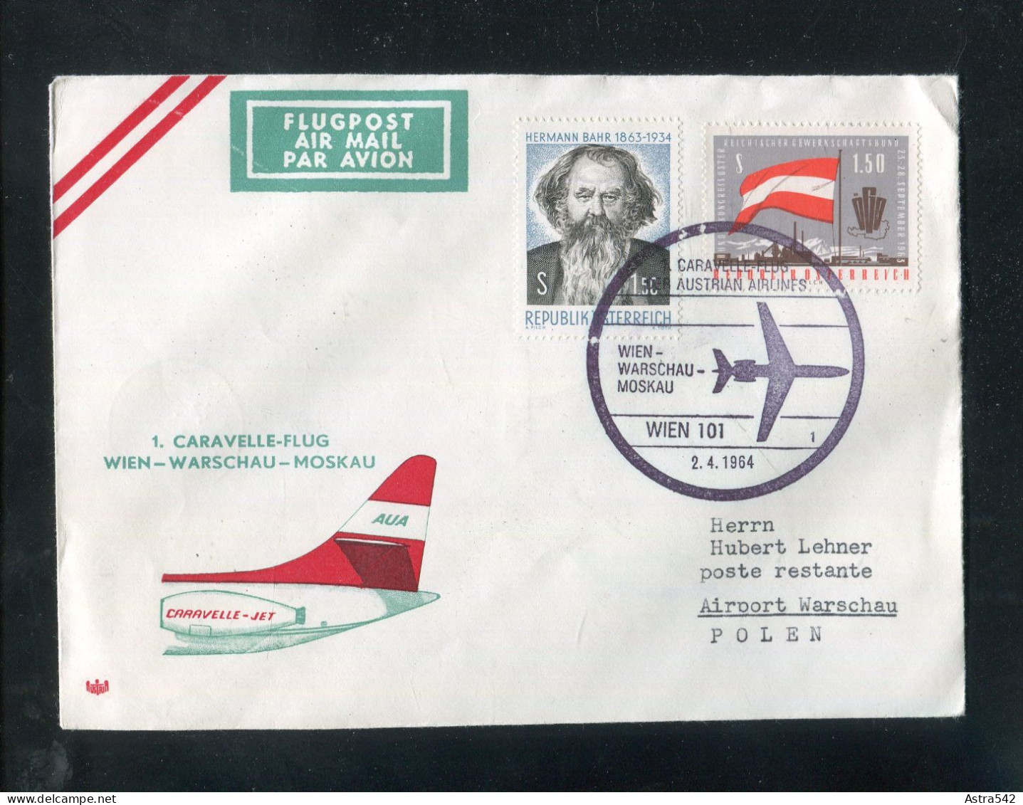 "OESTERREICH" 1964, AUA-Caravelle-Erstflugbrief "Wien-Warschau" (7470) - Erst- U. Sonderflugbriefe