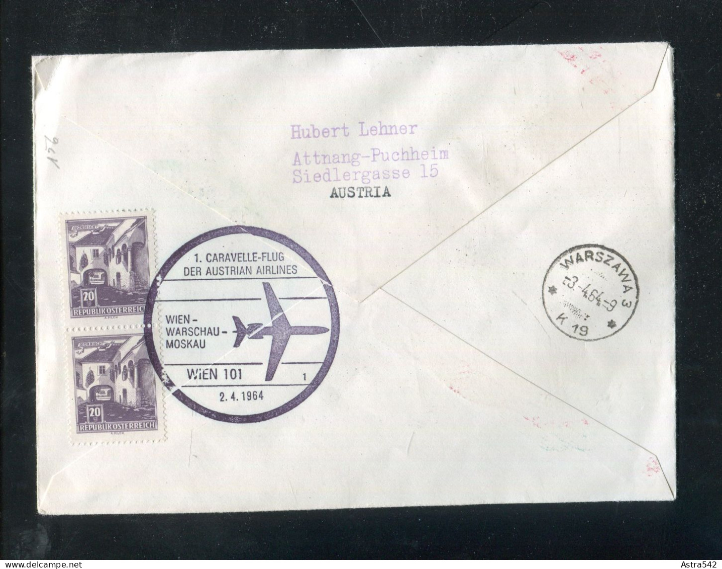 "OESTERREICH" 1964, AUA-Caravelle-Erstflugbrief "Wien-Warschau" (7470) - Erst- U. Sonderflugbriefe