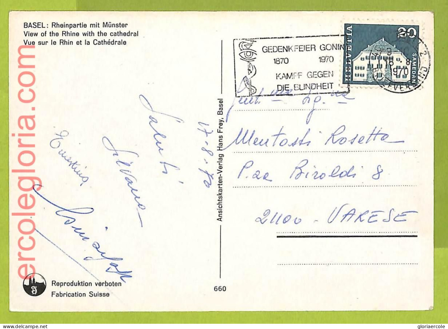 Af9711 - Switzerland - POSTAL HISTORY - Postcard  - 1970, MEDICINE Blindness - Medicina