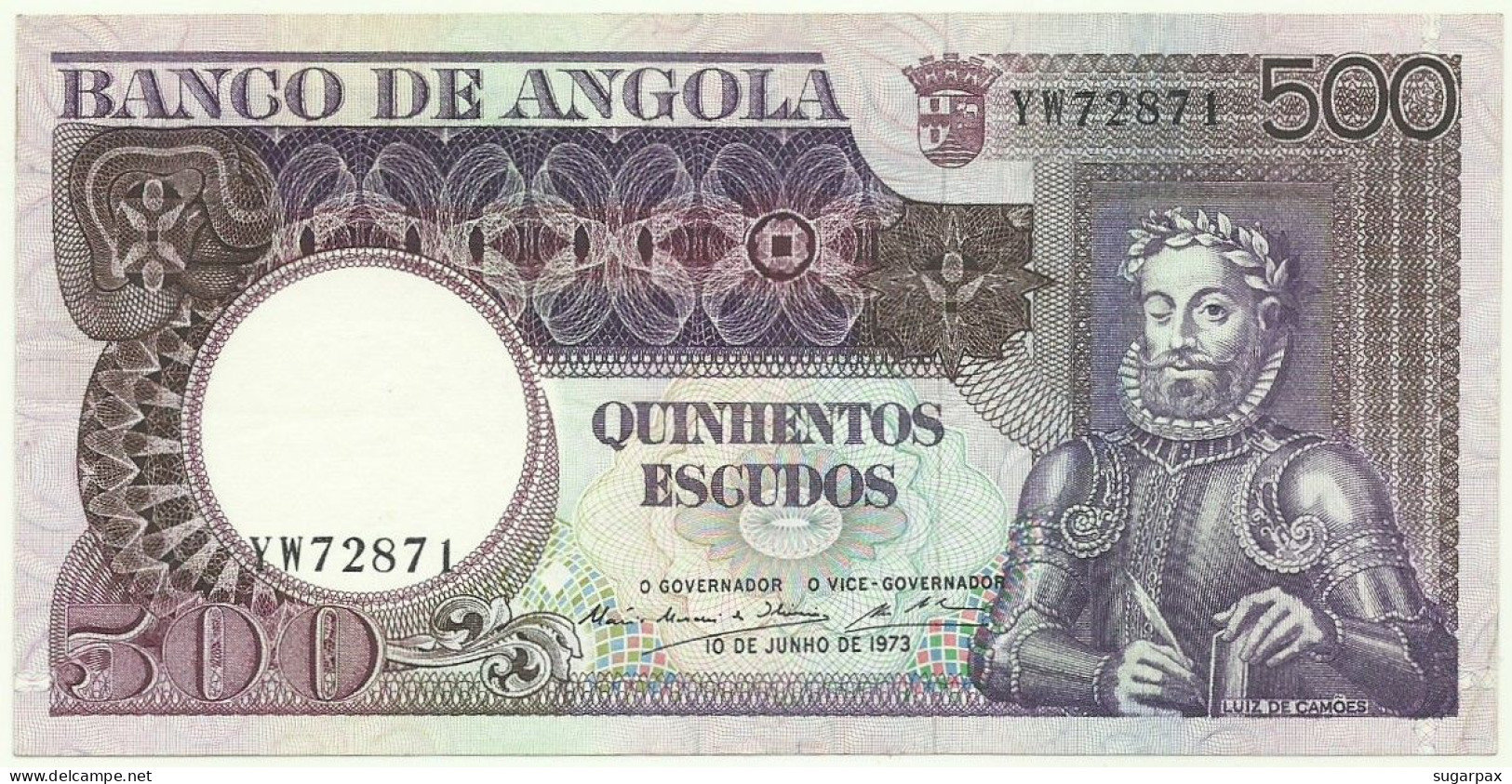 Angola - 500 Escudos - 10.6.1973 - Pick: 107 - Serie YW - Luiz De Camões - PORTUGAL - Angola