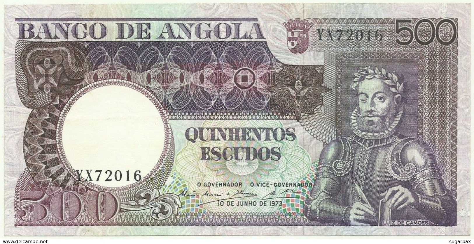 Angola - 500 Escudos - 10.6.1973 - Pick: 107 - Serie YX - Luiz De Camões - PORTUGAL - Angola