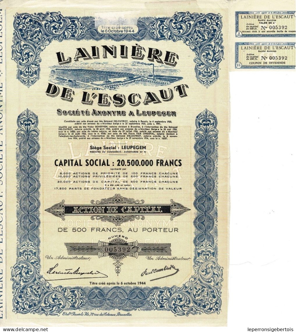 Titre Créé Après Le 06/10/1944 - Lainière De L'Escaut - Société Anonyme à Leupegem - N° 005392 -Déco - Textile