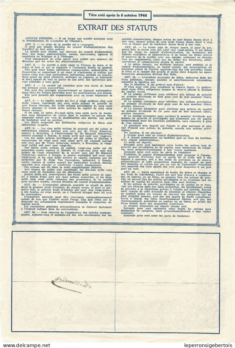 Titre Créé Après Le 06/10/1944 - Lainière De L'Escaut - Société Anonyme à Leupegem - N° 005392 -Déco - Textil