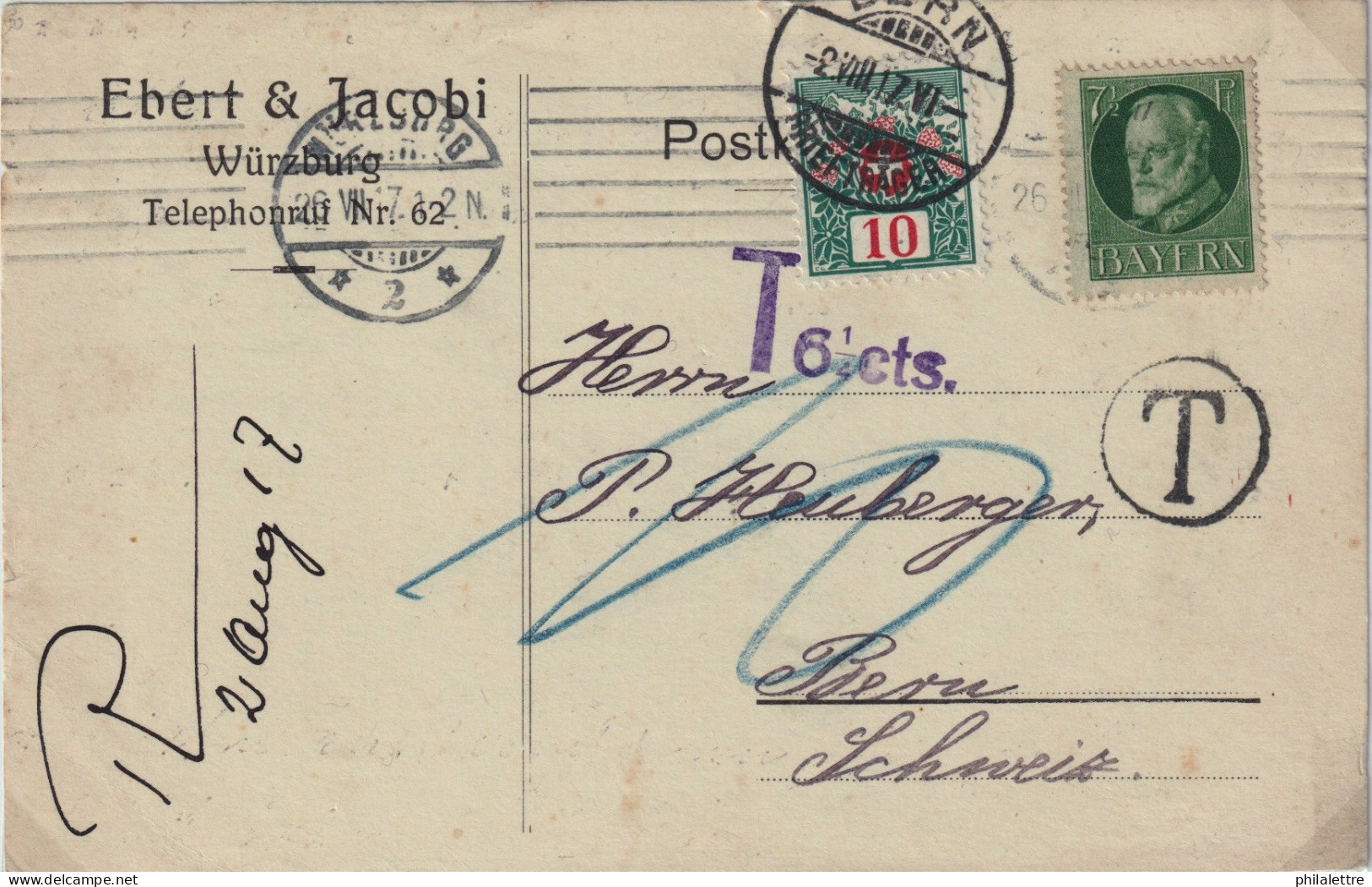SUISSE / SWITZERLAND 1928 P. Due Mi.32 On PPC From BAVARIA Franked 7-1/2pf With "T 6-1/4cts" Postage Due Mark - Strafportzegels