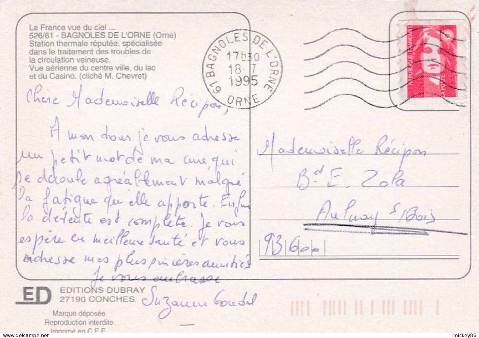 BAGNOLES DE L'ORNE --1995 --Vue Aérienne Du Centre Ville ,lac Et Casino ....cachet - Bagnoles De L'Orne