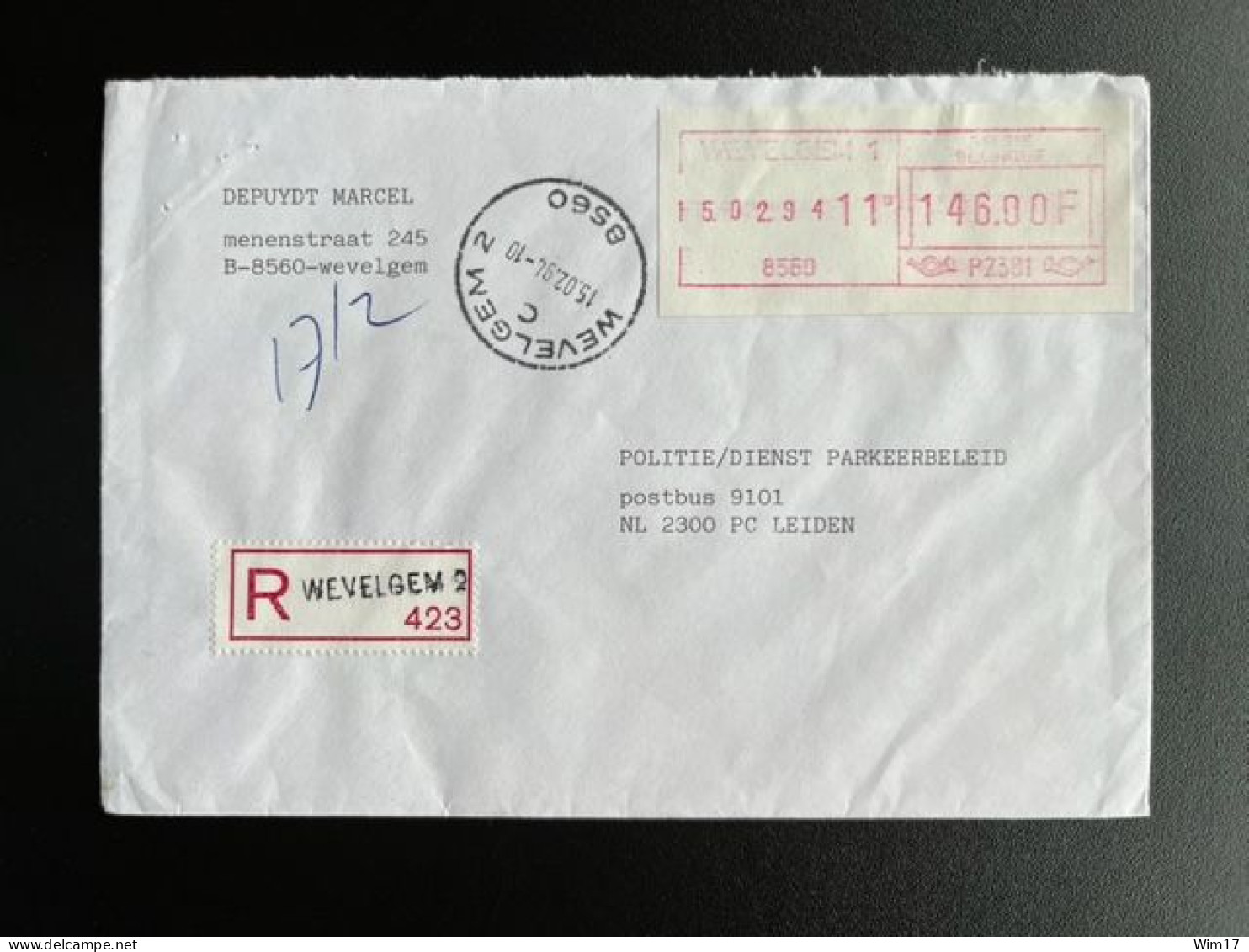 BELGIUM 1994 REGISTERED LETTER WEVELGEM TO LEIDEN 15-02-1994 BELGIE BELGIQUE RECOMMANDEE - Covers & Documents