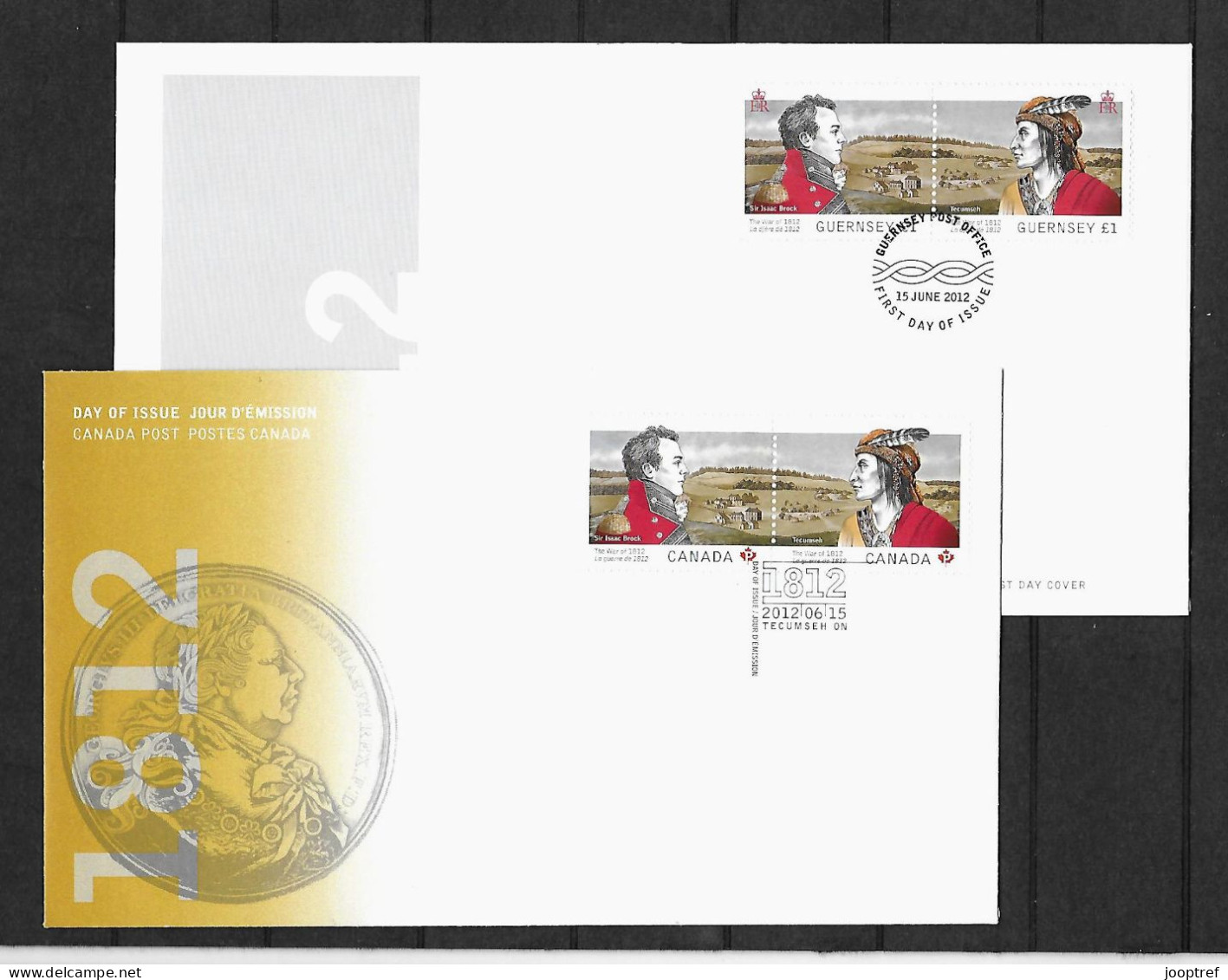 2012 Joint Canada And Guernsey, BOTH OFFICIAL FDC'S WITH 2 STAMPS: The War Of 1812 - Emissions Communes
