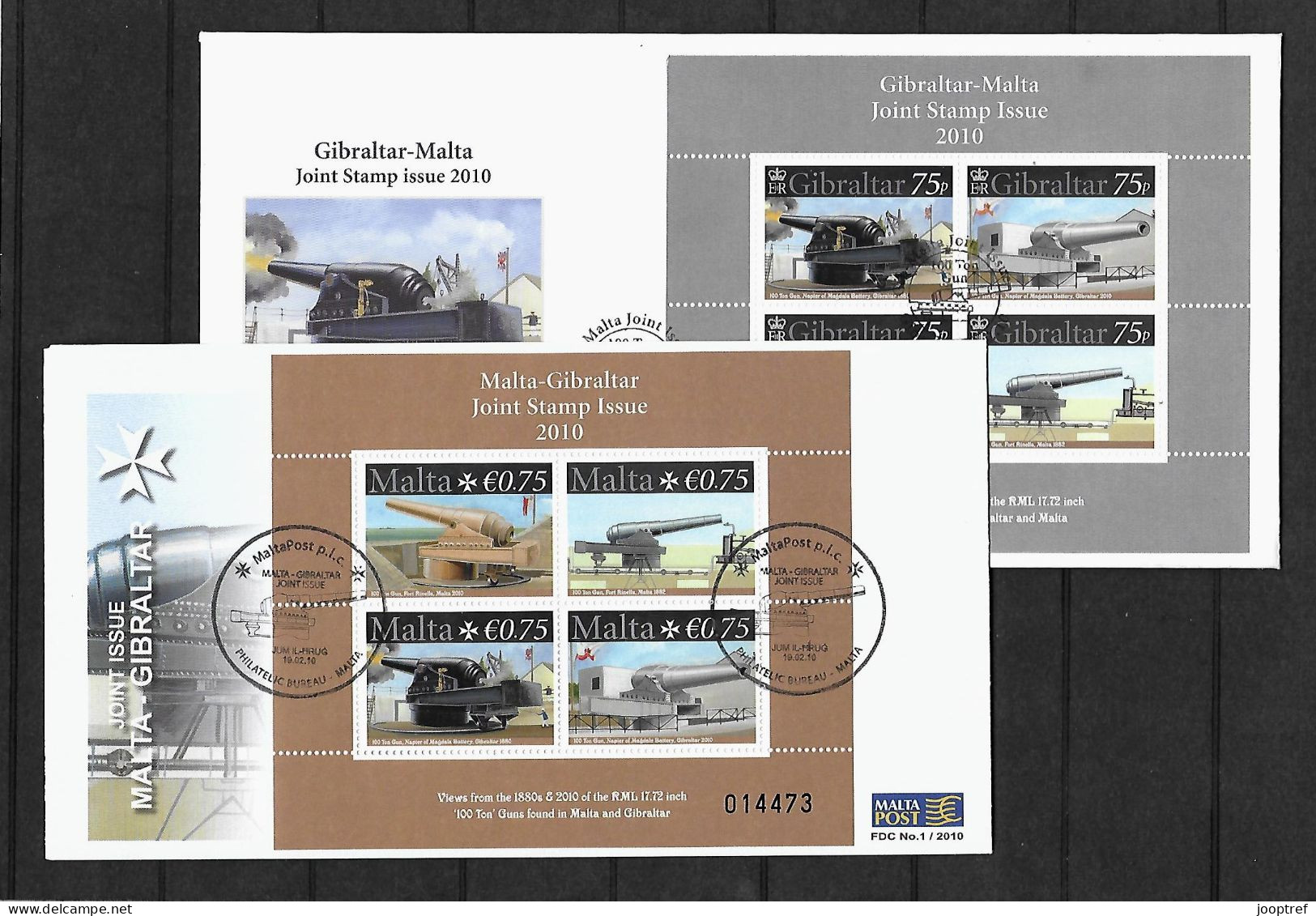 2010 Joint Gibraltar And Malta, BOTH OFFICIAL FDC'S WITH BLOCS OF 4 STAMPS: Relationship / Canons - Emissions Communes