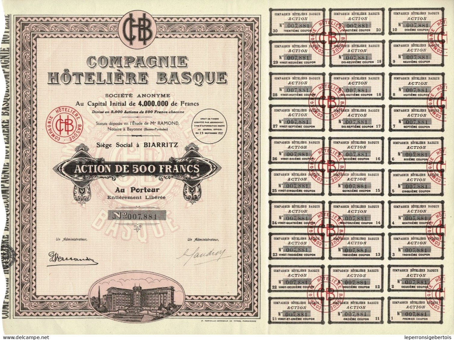 - Titre De 1927 - Compagnie Hôtelière Basque - - Tourism
