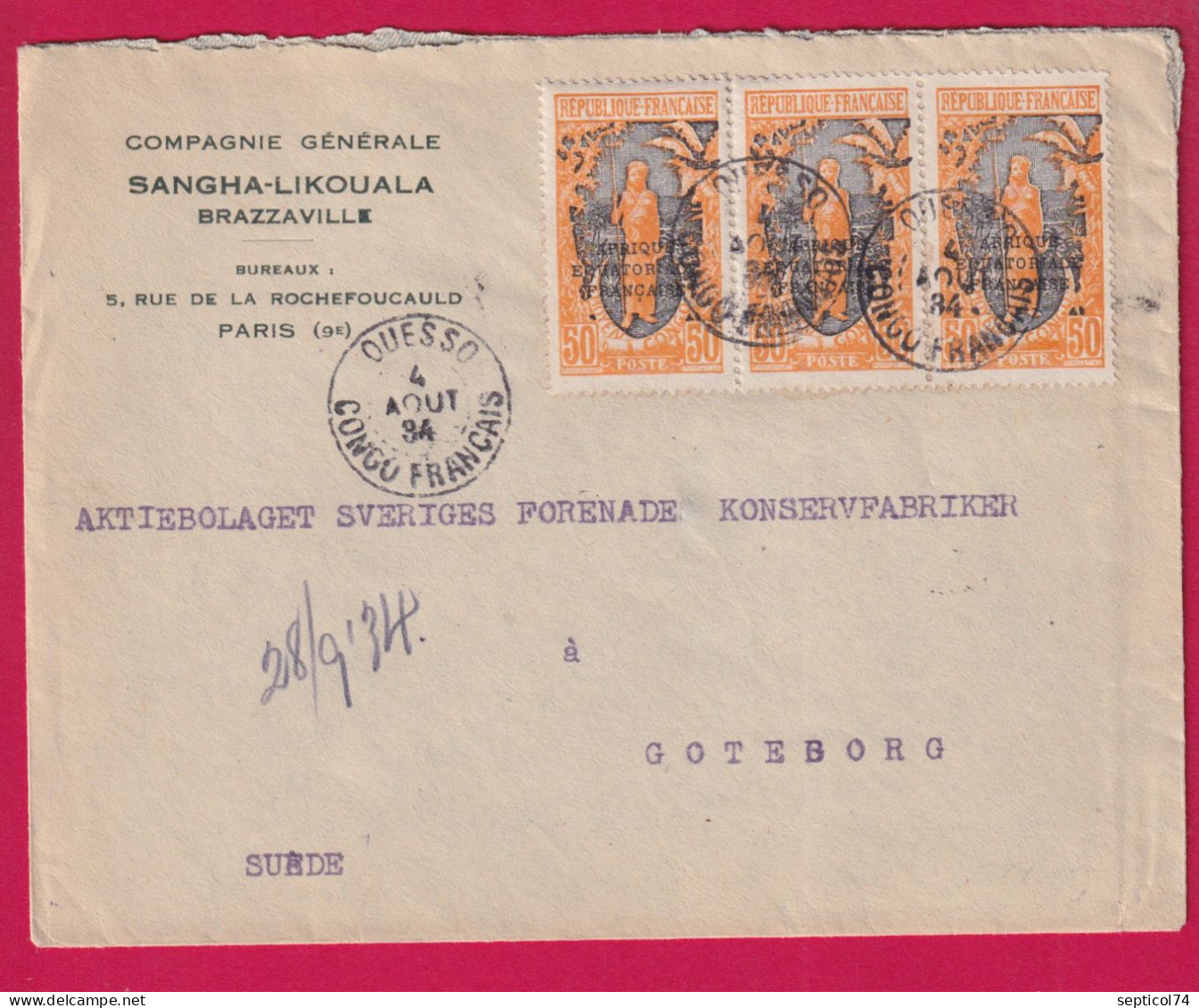 CONGO FRANCAIS OUESSO AEF POUR GOTEBORG SUEDE 1934 LETTRE - Lettres & Documents