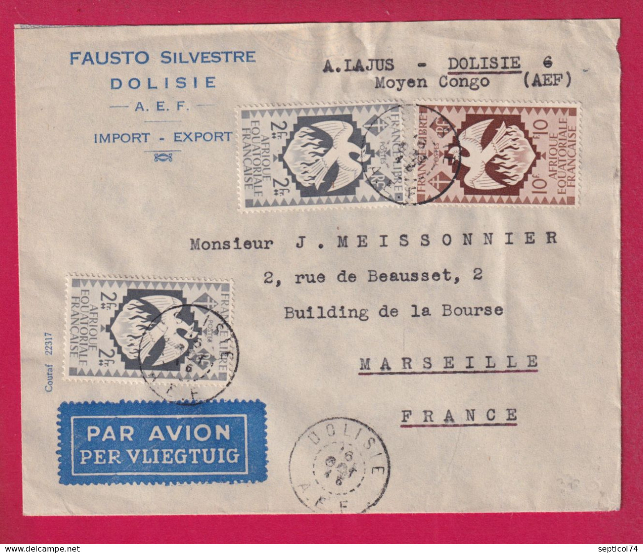 CONGO FRANCAIS DOLISIE 1946 AEF POUR MARSEILLE PAR AVION LETTRE - Covers & Documents