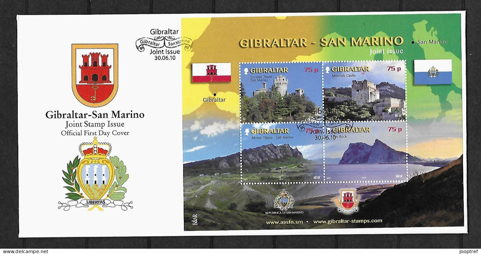 2010 Joint Gibraltar And San Marino, OFFICIAL FDC GIBRALTAR WITH BLOC OF 4 STAMPS: Relationship - Emissions Communes