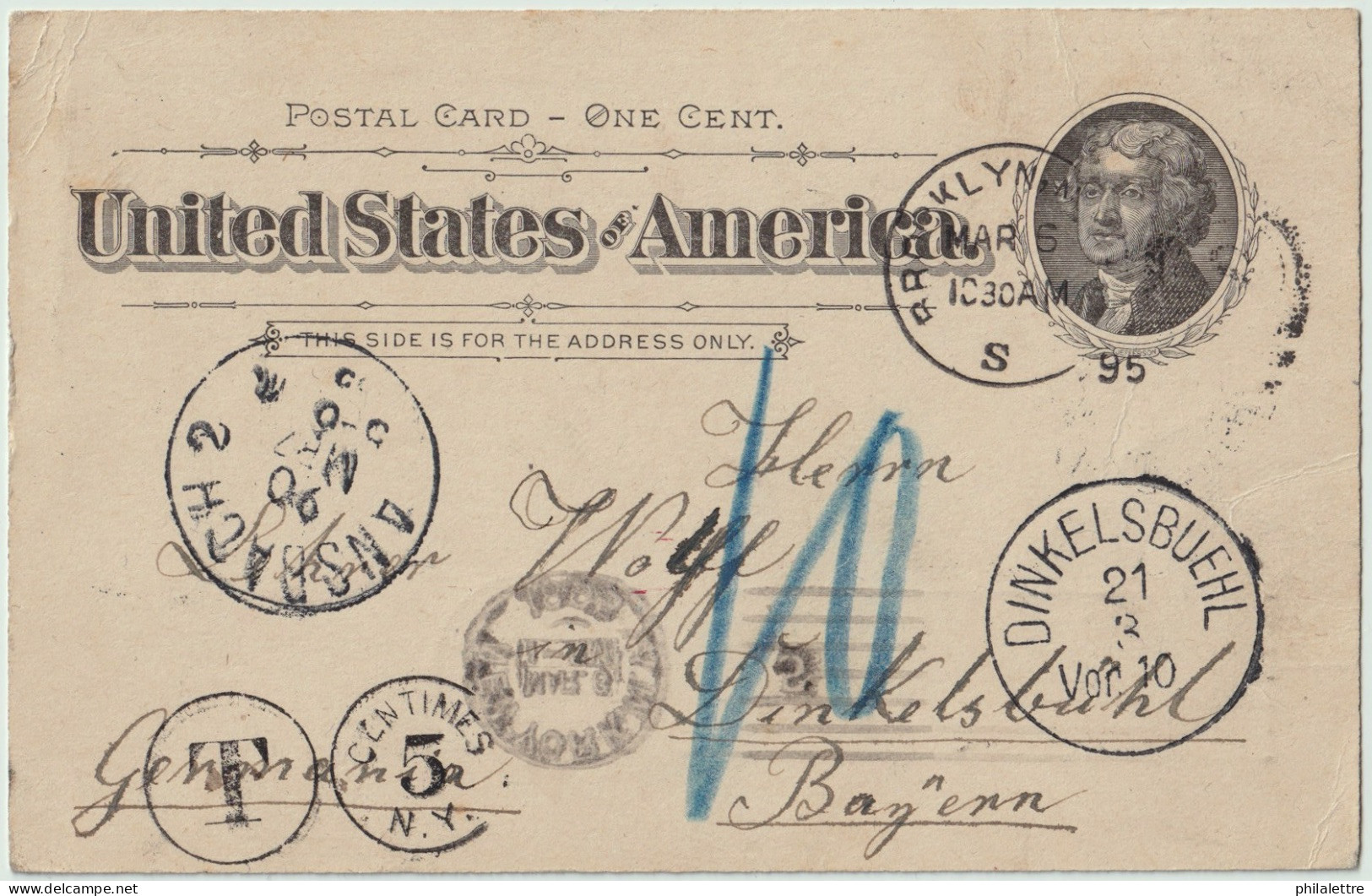 USA / BAVARIA - 1895 Domestic Postal Card 1c Jefferson USED To DUNKELSBUEHL, BAVARIA With 10pf Postage Due - ...-1900