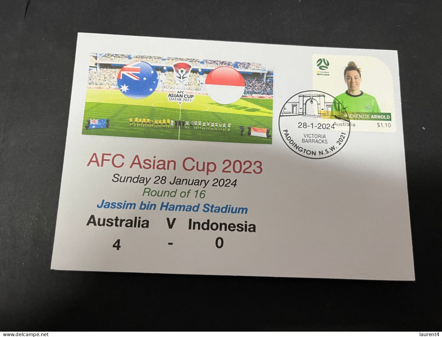 1-2-2024 (3 X 2) AFC Asian Cup 2023 (Qatar) Australia (4) V Indonesia (0) - 28-1-2024 - With Matildas Football Stamp - Andere & Zonder Classificatie