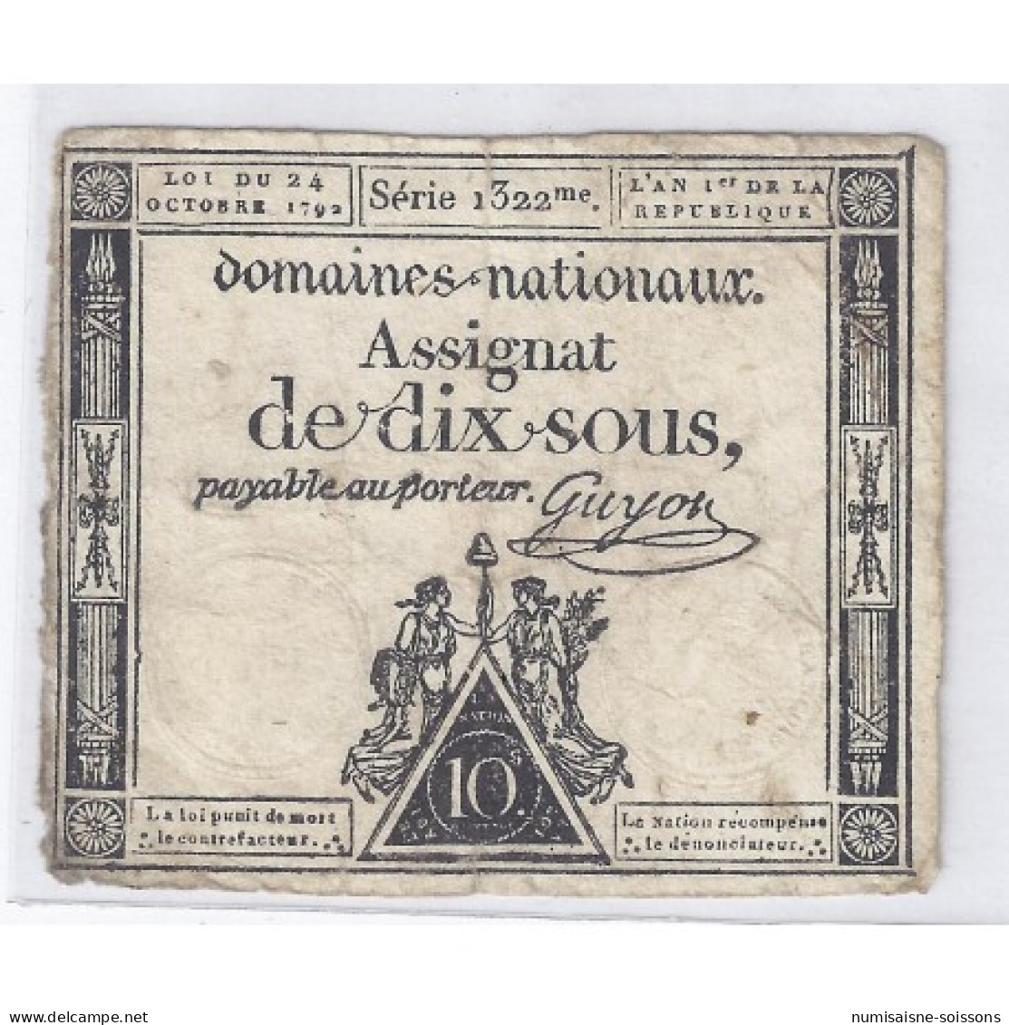 ASSIGNAT DE 10 SOUS - SERIE 1322 - 24/10/1792 - DOMAINES NATIONAUX - TTB - Assignats & Mandats Territoriaux