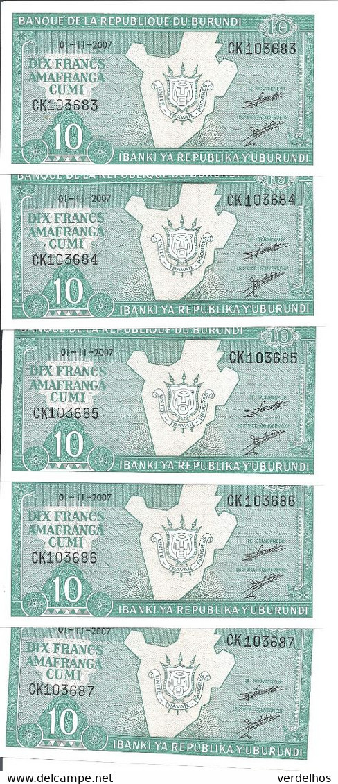 BURUNDI 10 FRANCS 2007 UNC P 33 E ( 5 Billets ) - Burundi