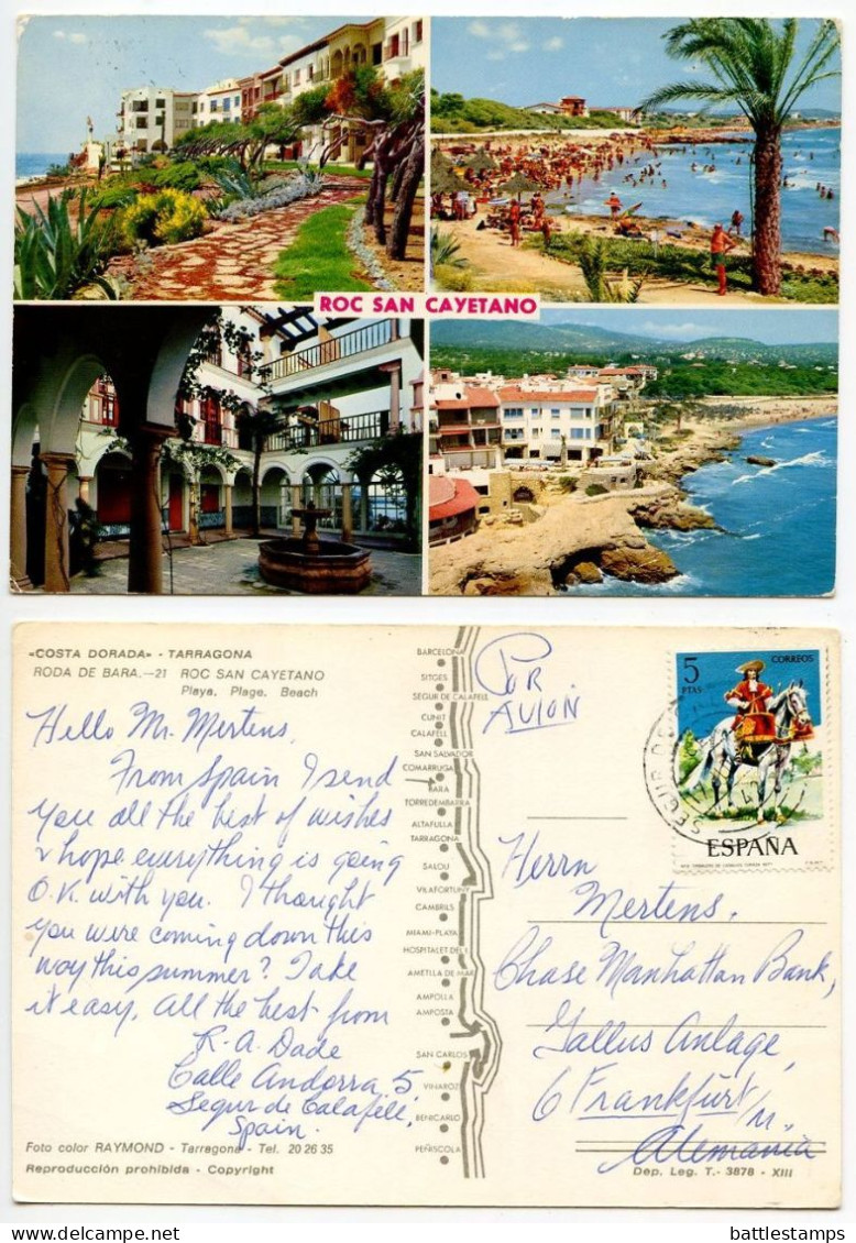 Spain 1974 Postcard Costa Dorada, Tarragona - Roc San Cayetano, Town & Beaches; 5p. Dragoons Drummer On Horseback Stamp - Tarragona