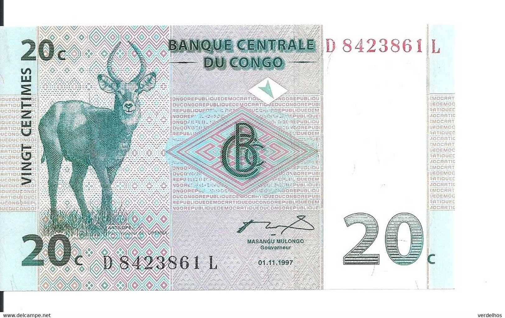 CONGO 20 CENTIMES 1997 UNC P 83 - Unclassified