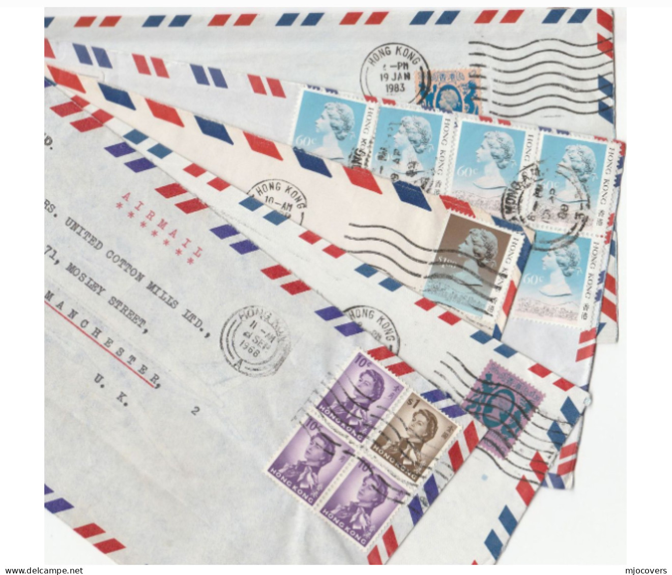 Collection 5 X Diff Franking HONG KONG Covers 1960s - 1990s AIR MAIL  To GB  China Cover Stamps - Storia Postale