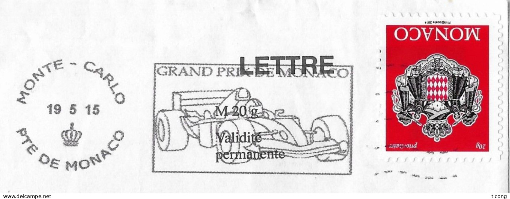 LETTRE DE MONTE CARLO MONACO POUR LILLE, FLAMME GRAND PRIX DE MONACO 2015 ( UNE FORMULE 1 ) VOIR LES SCANNERS - Cartas & Documentos