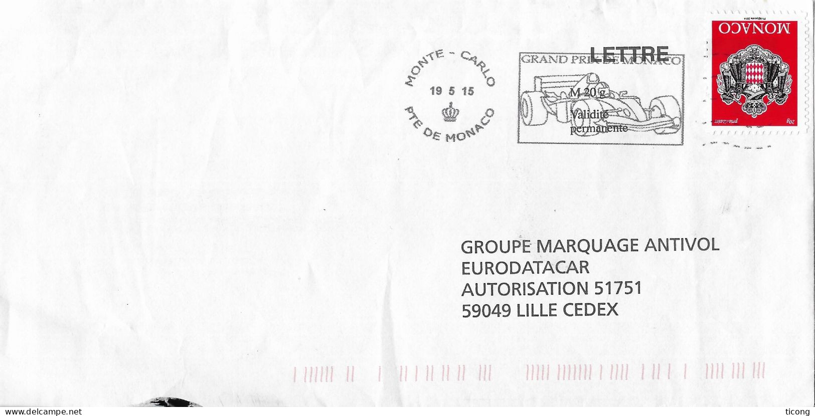 LETTRE DE MONTE CARLO MONACO POUR LILLE, FLAMME GRAND PRIX DE MONACO 2015 ( UNE FORMULE 1 ) VOIR LES SCANNERS - Briefe U. Dokumente