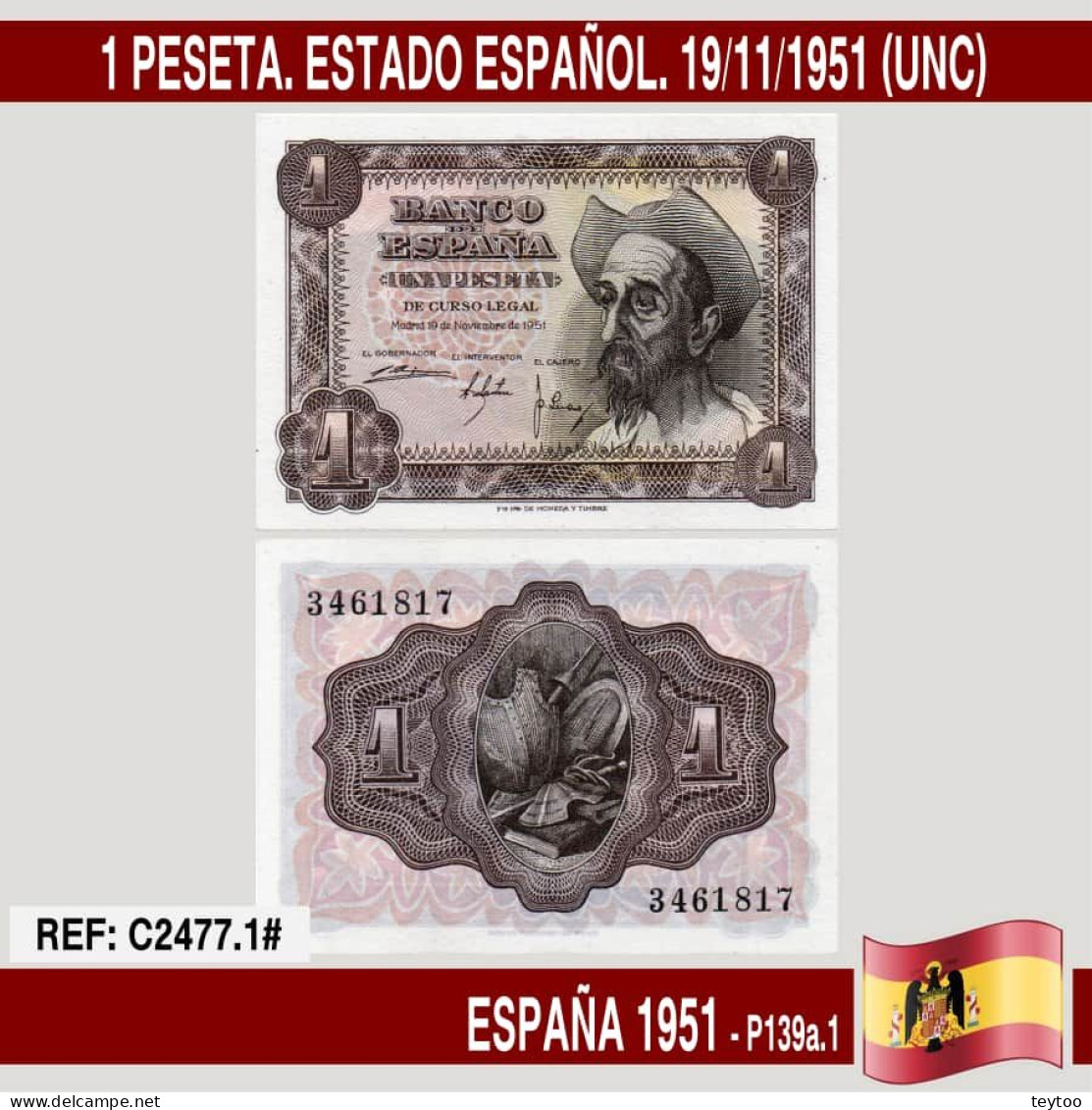 C2477.1# España 1951. 1 Peseta. Estado Español. 19/11/1951 (UNC) P-139a.1 - 1-2 Pesetas