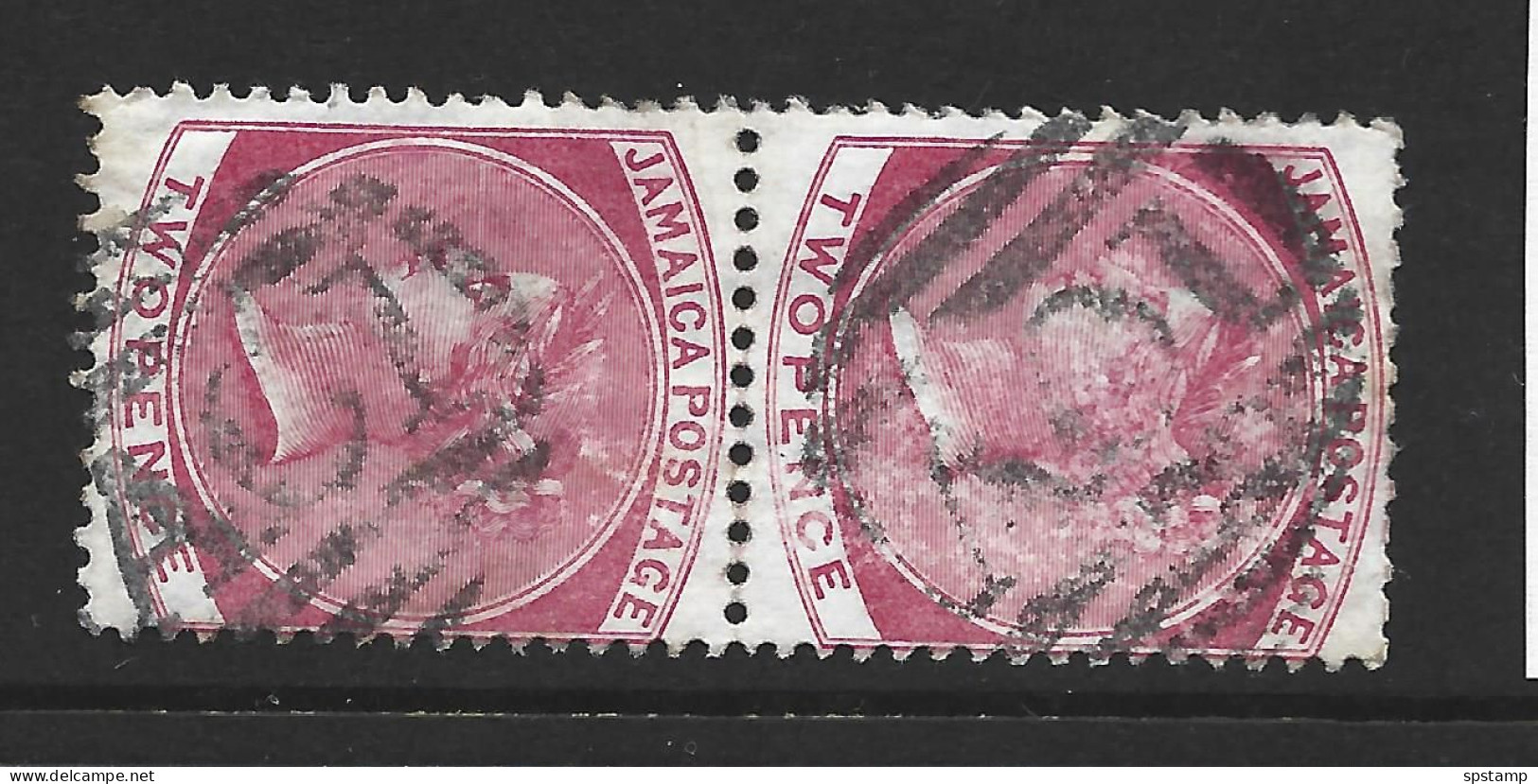 Jamaica 1870 QV 2d Rose Crown CC Watermark FU Pair , Full AO1 Barred Cancel Of Kingston - Jamaica (1962-...)