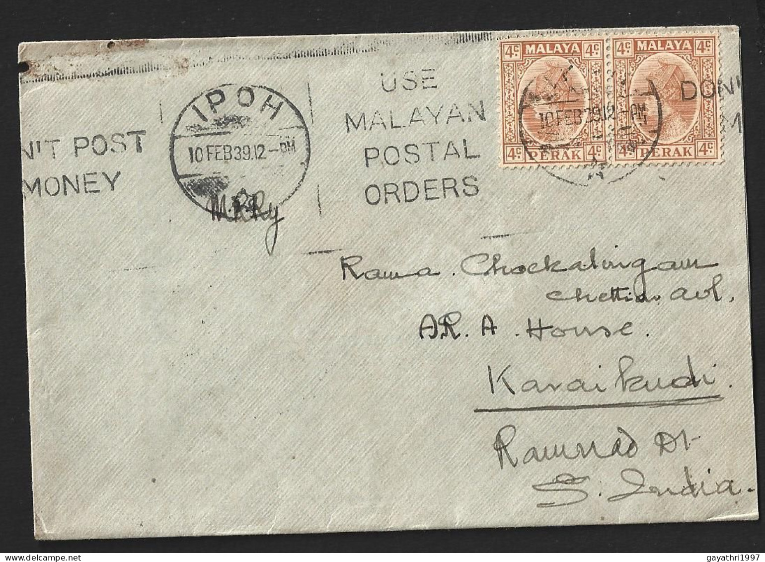 Malaya Perak Stamps On Cover From Ipoh To India With "use Malayan Postal Orders Slogan Cancellation (b16) - Perak