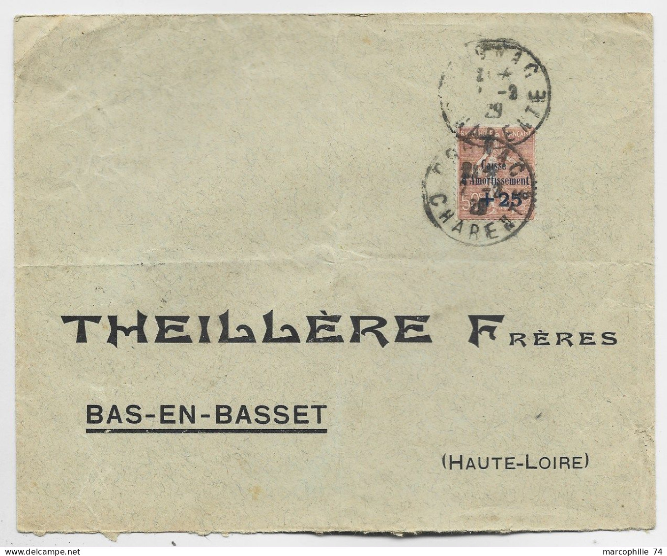 FRANCE N° 250 SEUL LETTRE COGNAC CHARENTE 2.2.1929 AU TARIF - 1927-31 Caisse D'Amortissement