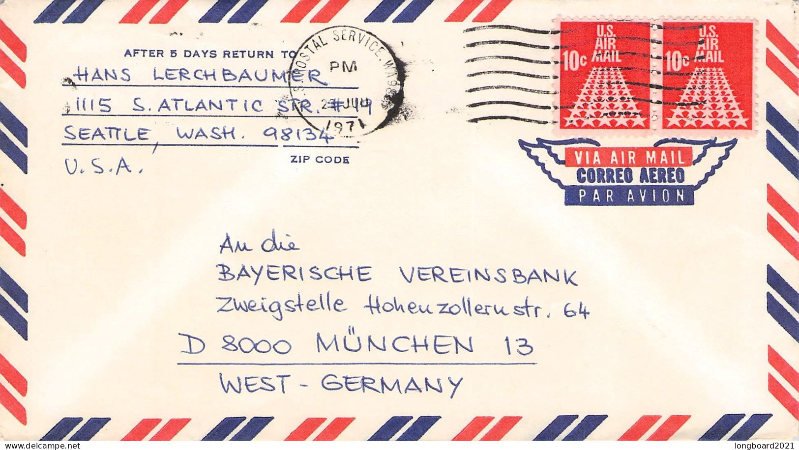 USA - AIRMAIL 1971 SEATTLE - MÜNCHEN/DE / 5001 - Lettres & Documents