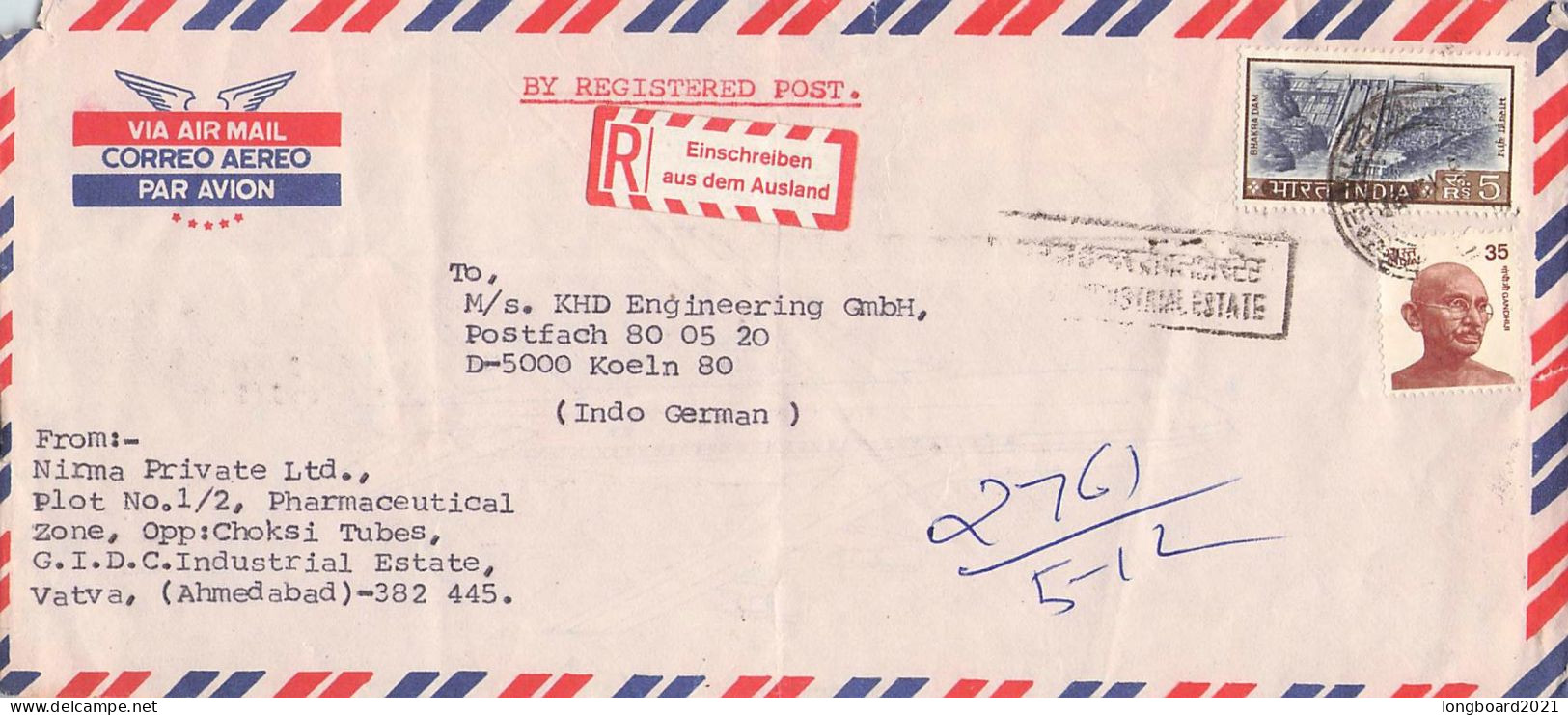 INDIA - REGISTERED AIRMAIL Ca 1980 - KÖLN/DE / 5012 - Brieven En Documenten