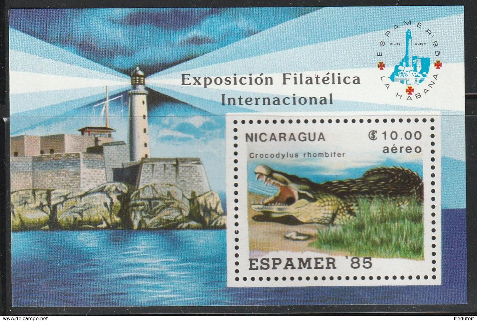 NICARAGUA - BLOC N°172 ** (1985) "Espamer'85" : Crocodile + Phare. - Nicaragua