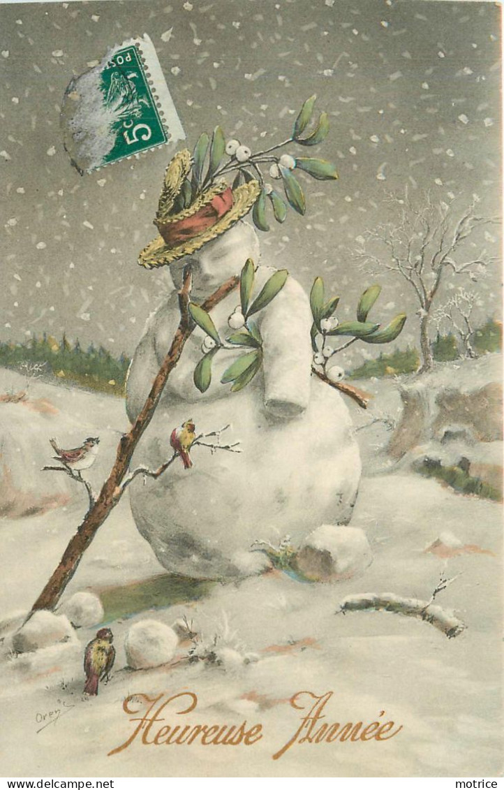 HEUREUSE ANNEE - Bonhomme De Neige Et Oiseaux. (Orens Illustrateur) - Orens