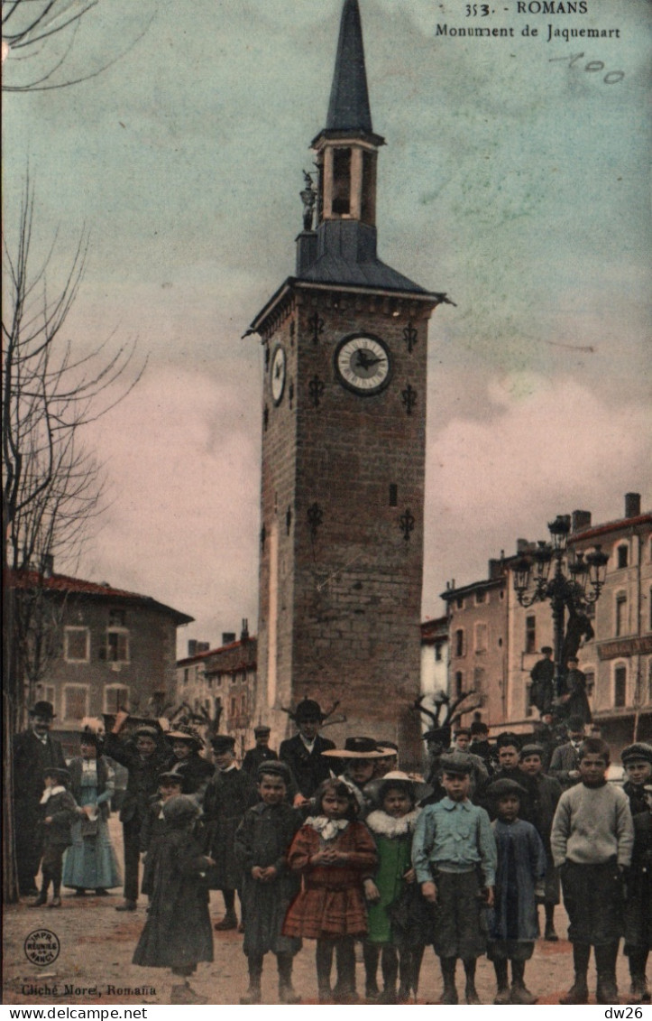 Romans (Drôme) - La Tour Et L'Horloge, Monument De Jacquemart, Enfants - Cliché Morel, Carte Colorisée Et Vernie N° 353 - Romans Sur Isere