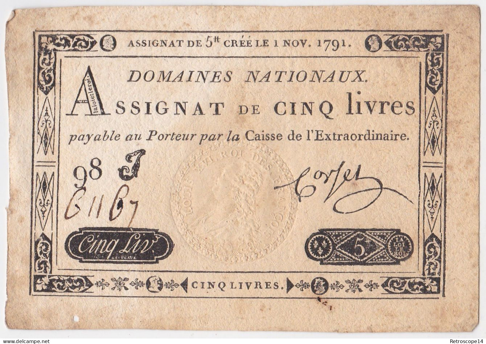 ASSIGNAT 5 (Cinq) LIVRES. Novembre 1791, Série 98J, CORTEZ. Grande Marges - Assegnati