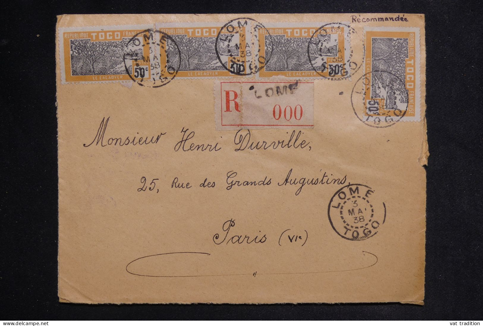 TOGO - Enveloppe En Recommandé De Lomé Pour Paris En 1938  - L 149953 - Lettres & Documents