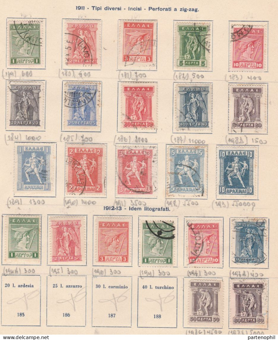 687 - Grecia 1862/1940 - Inizio di collezione di francobolli usati montata in fogli d’album, anche una piccola sezione d