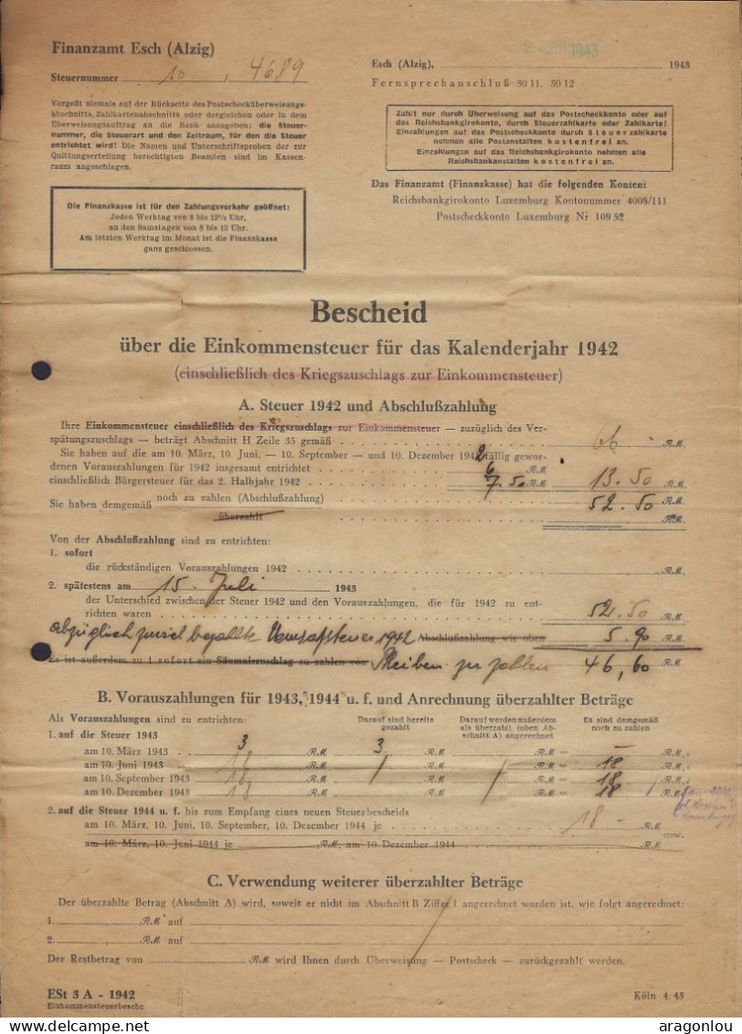 Luxembourg - Luxemburg -  BRIEF  STEUERABRECHNUNG  -  BESATZUNG  1942 - Luxembourg