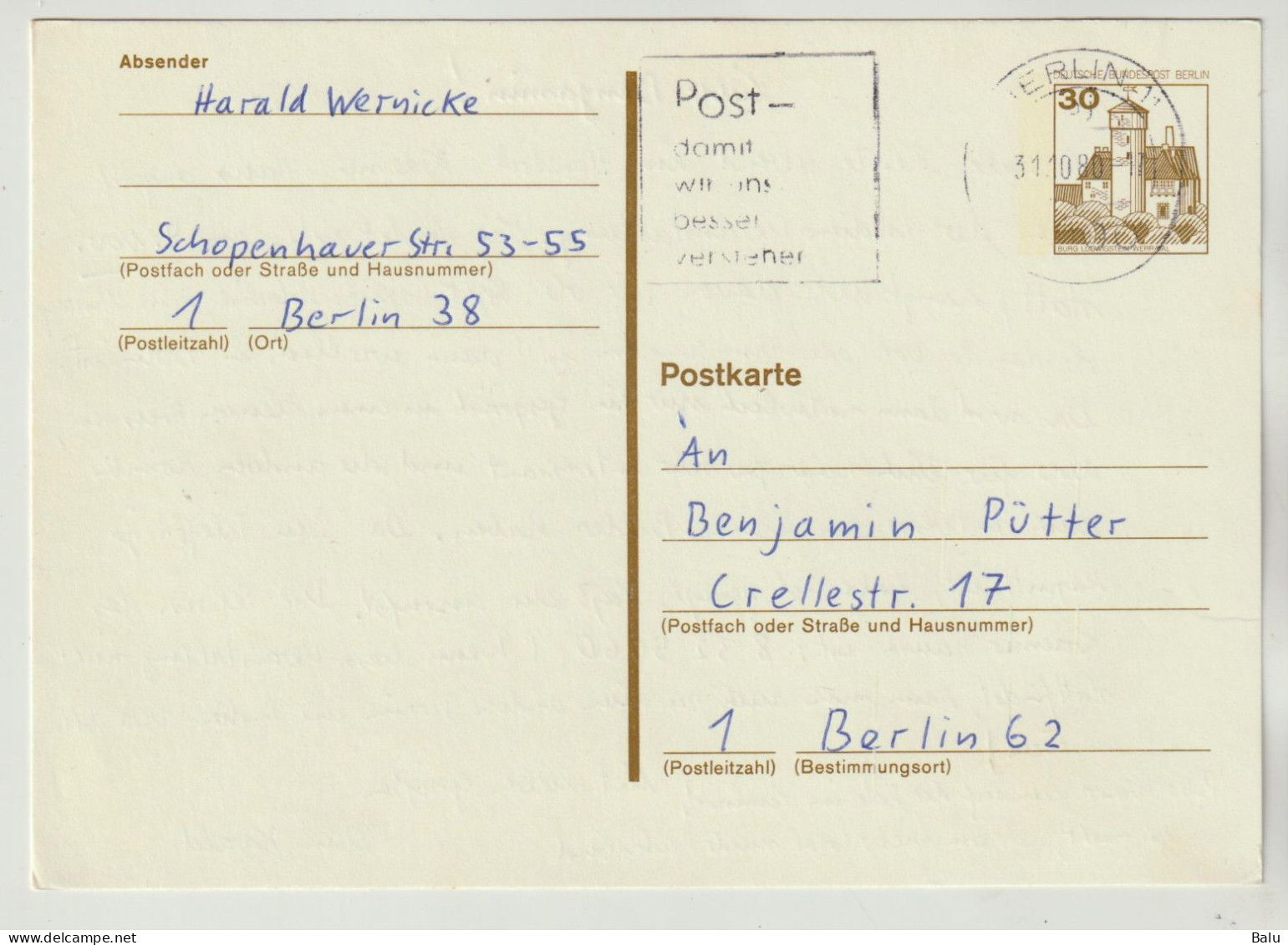 Berlin Michel Nr. P108 Gebraucht OHNE Zusatzfrankatur. 30 Pfg. Burg Ludwigstein Werratal, Siehe 2 Scans - Cartes Postales - Oblitérées