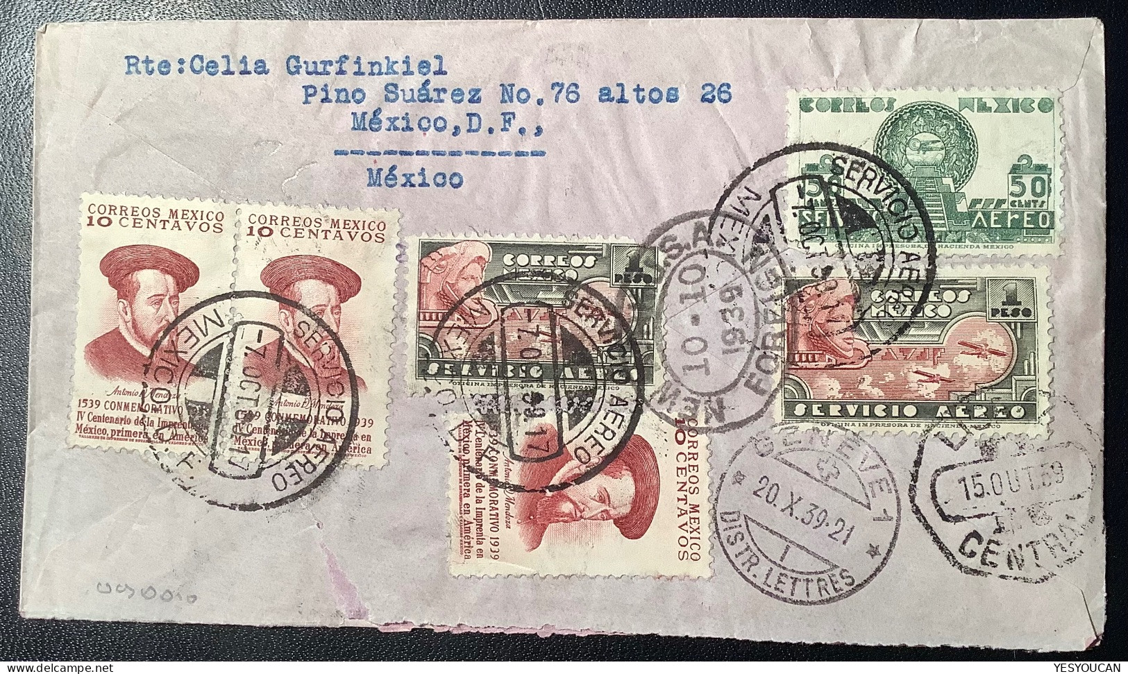 1939„VIA AEREA TRASATLANTICA A EUROPA“AR Cover Transatlantic Air Mail LISBOA>CROIX ROUGE GENÈVE (Schweiz Luftpost Mexico - México