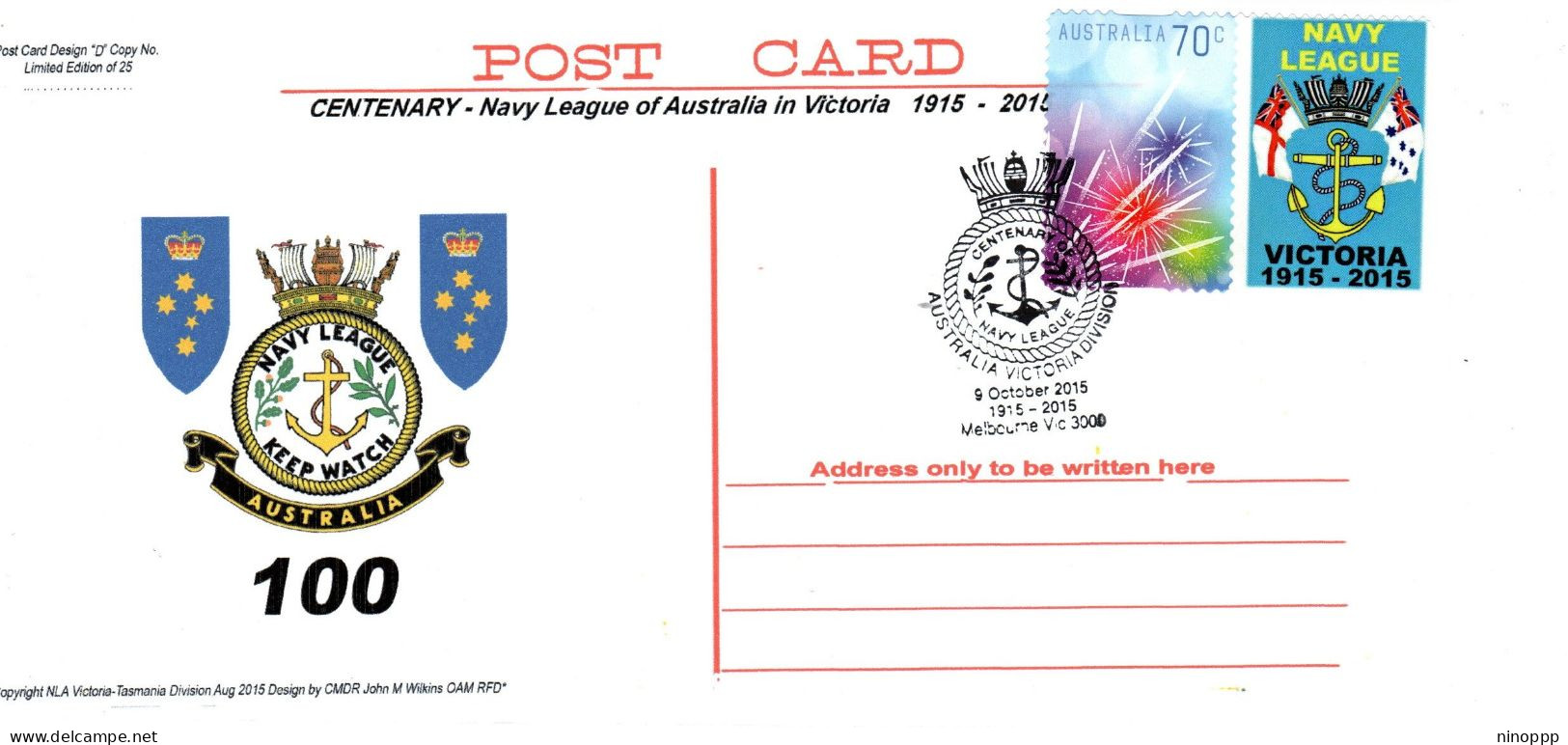 Australia 2015 Centenary Navy League Of Australia In Victoria  100 Years ,souvenir Cover - Postmark Collection