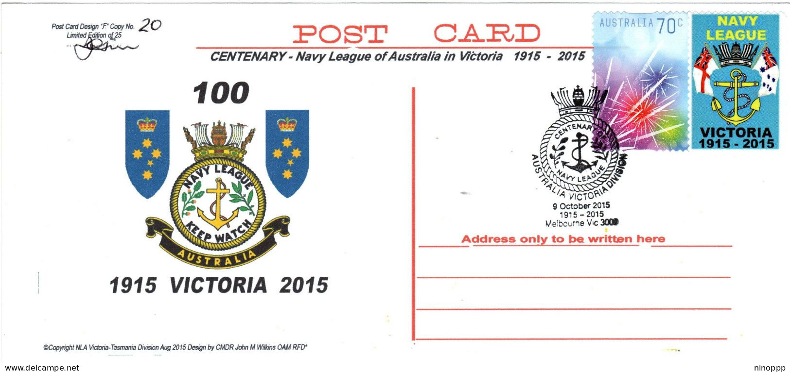 Australia 2015 Centenary Navy League Of Australia In Victoria 1915 Victoria 2015 , Limited Souvenir Cover N 20 Of 25 - Marcofilie