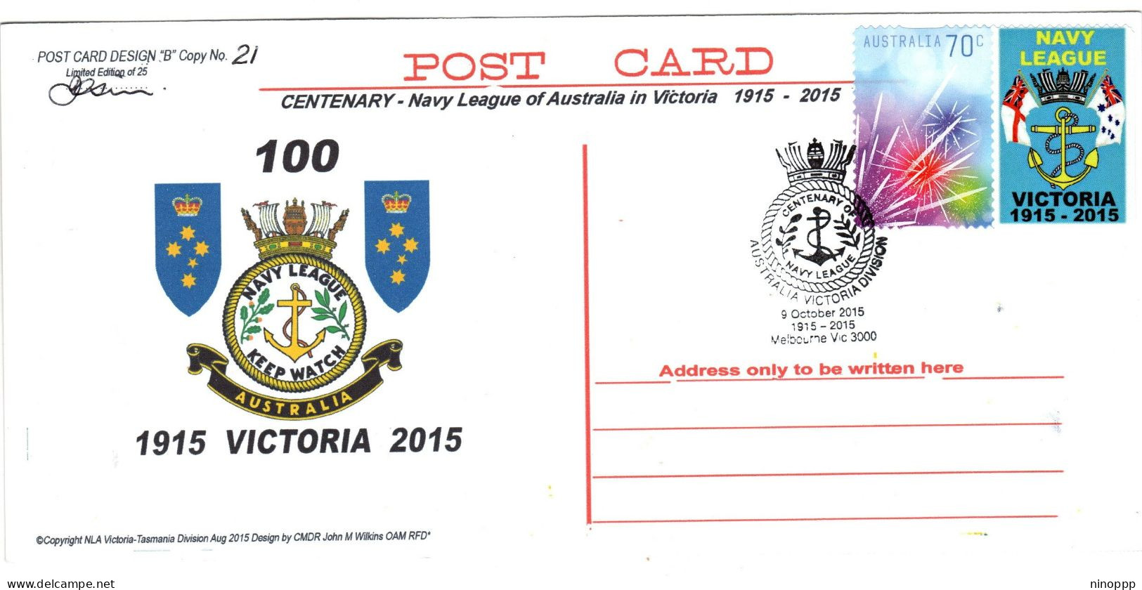 Australia 2015 Centenary Navy League Of Australia In Victoria 1915 Victoria 2015 Creswell Oration,Limited Souvenir Cover - Marcofilie