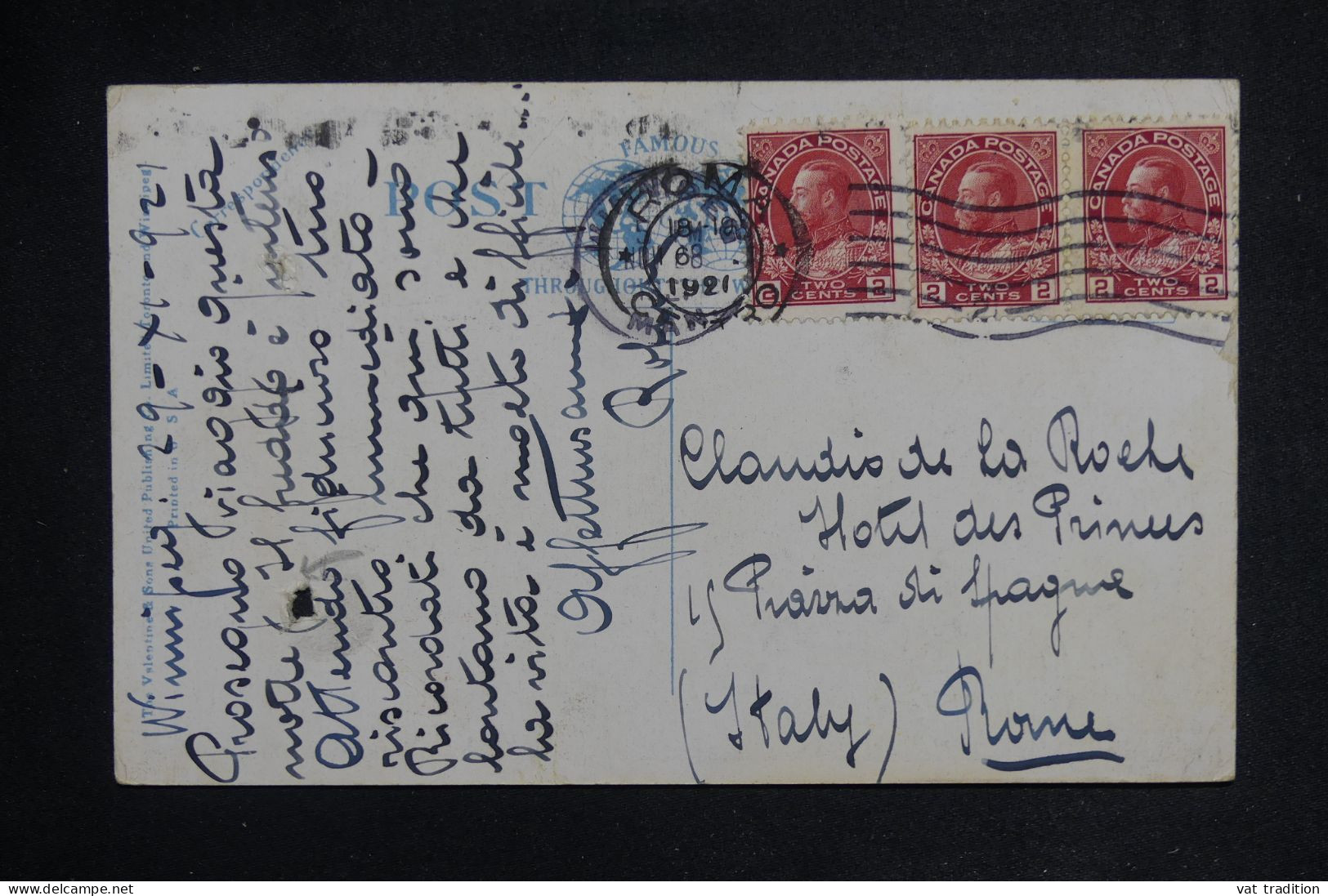 CANADA - Affranchissement De Winnipeg Sur Carte Postale Pour Rome En 1921 - L 149975 - Covers & Documents