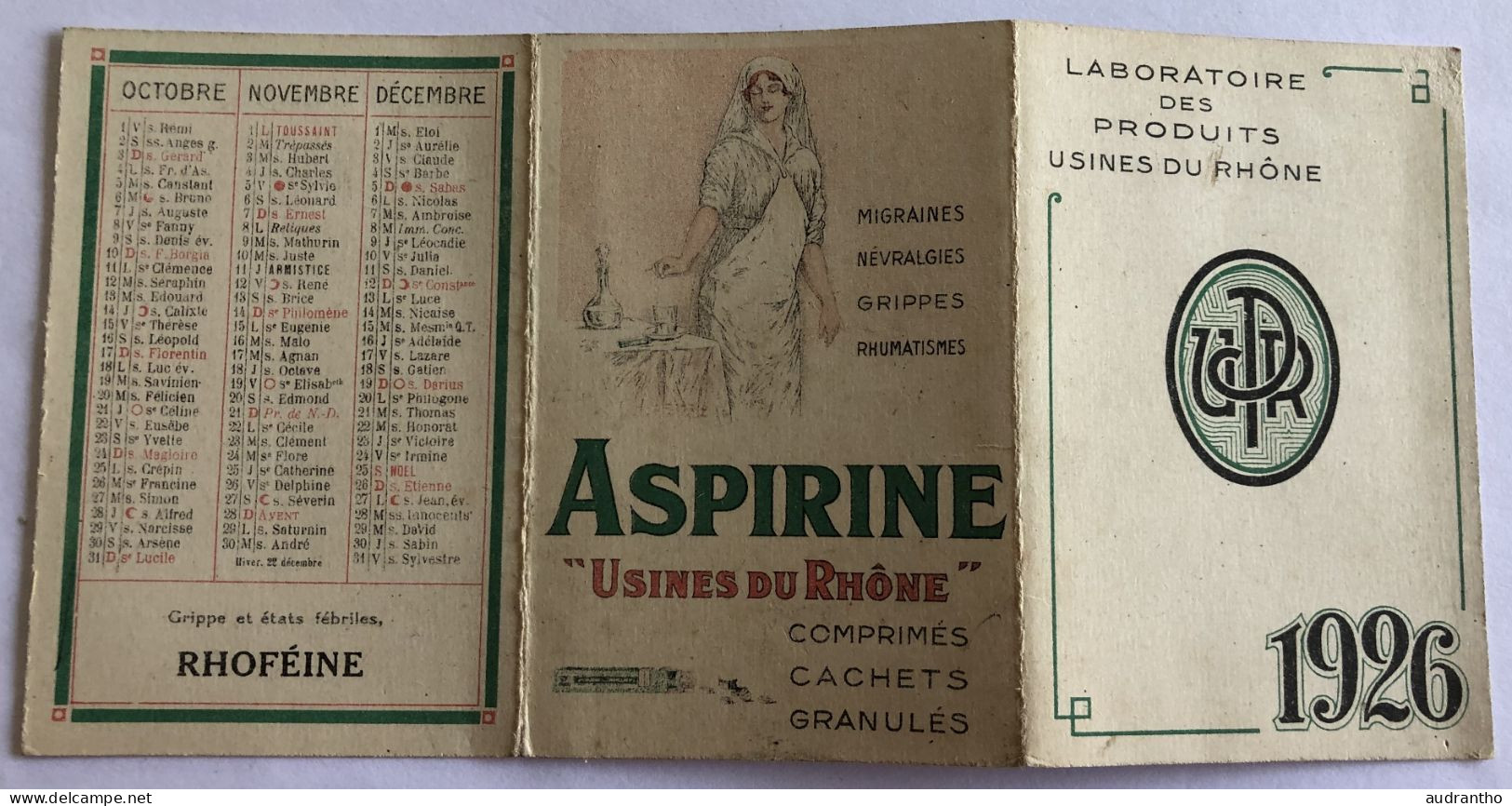 Petit Calendrier Publicitaire 1926 - Laboratoire Des Produits Usines Du Rhône  UPR Saint Fons - Aspirine - Infirmière - Small : 1921-40