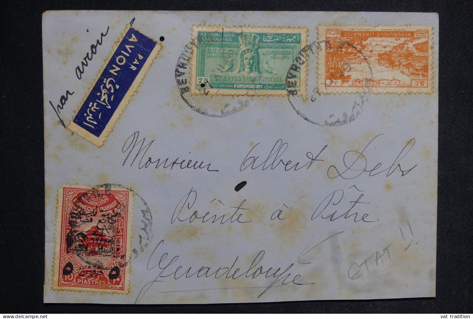 LIBAN - Enveloppe De Beyrouth Pour La Guadeloupe En 1949 Par Avion - L 149993 - Liban