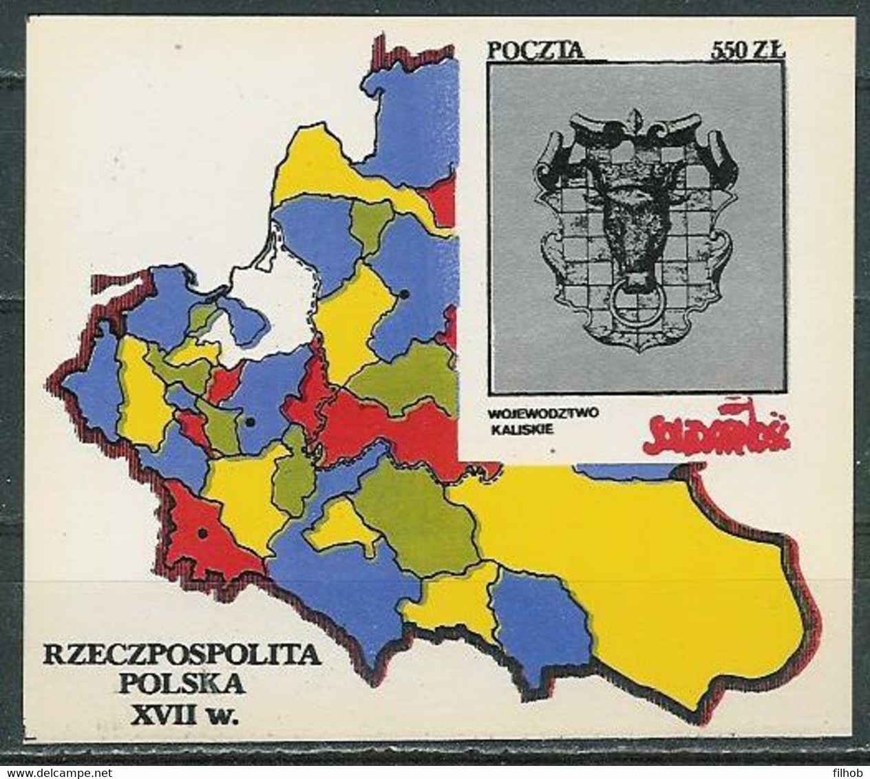 Poland SOLIDARITY (S283): Poland In The Seventeenth Century Voivodeship Kalisz Crest Map - Solidarnosc-Vignetten