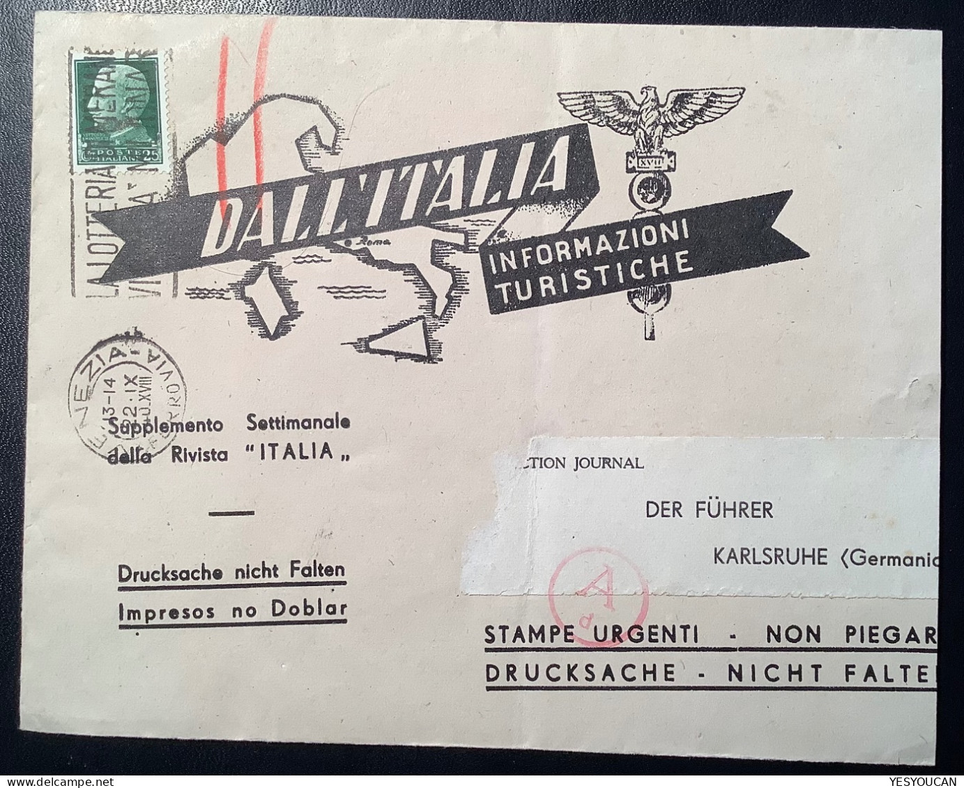 1940 VENEZIA Stampe OKW Zensur/censura>“Der Führer“ Karlsruhe (lettera WW2 Illustrated Cover Tourisme Tourism Italia - Marcofilía