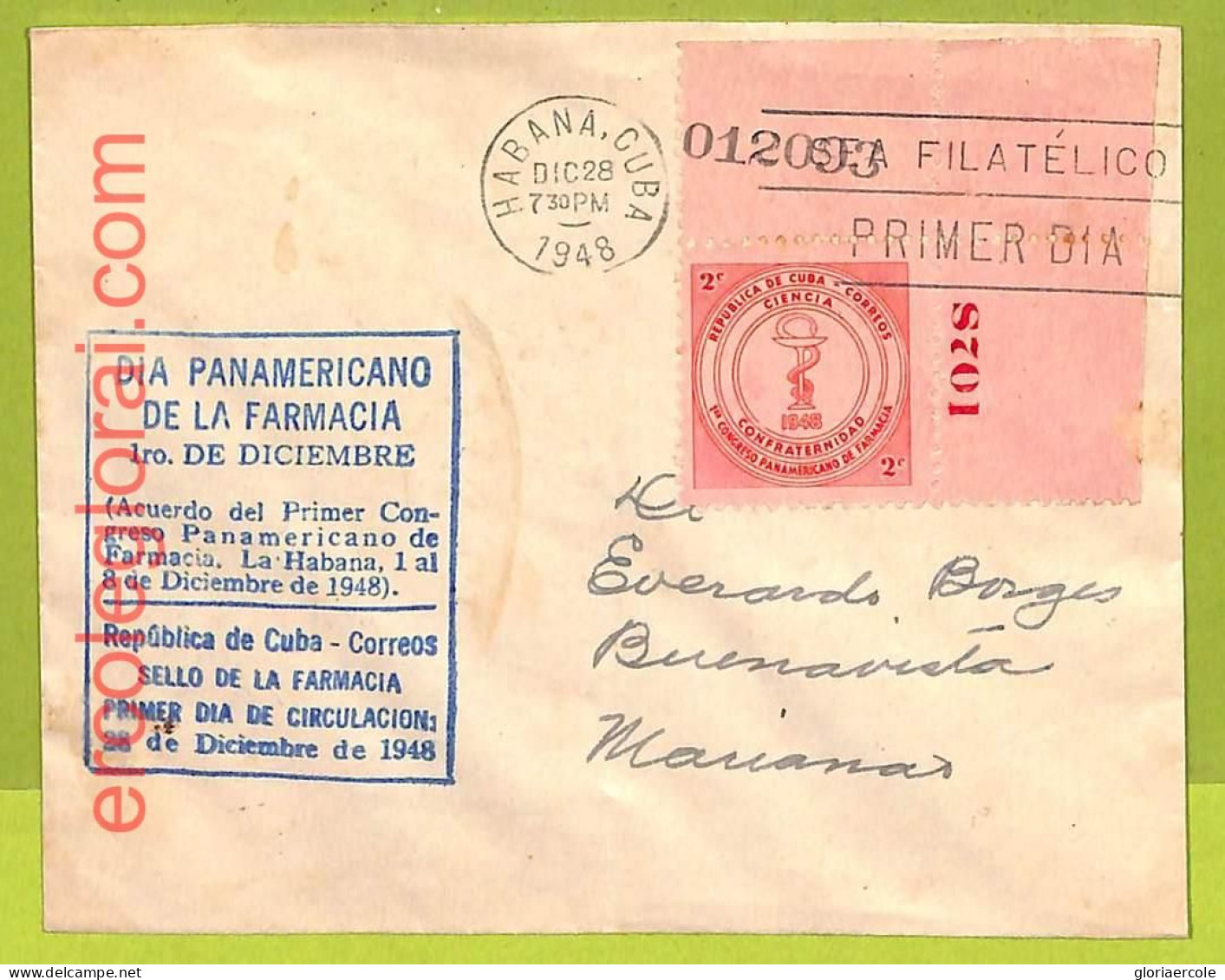 Af9856 - HAVANA - POSTAL HISTORY - FDC COVER - 1948, MEDICINE Chemist - Medicina